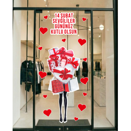 Hediye ve Kalp Tasarımlı Romantik 14 Şubat Sticker - Sevgililer Günü Cam Kapı Vitrin Mağaza Süsleme