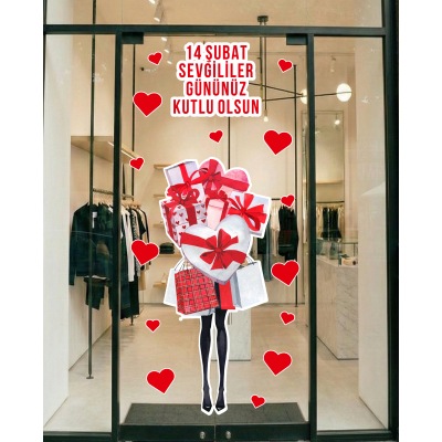 Hediye ve Kalp Tasarımlı Romantik 14 Şubat Sticker - Sevgililer Günü Cam Kapı Vitrin Mağaza Süsleme