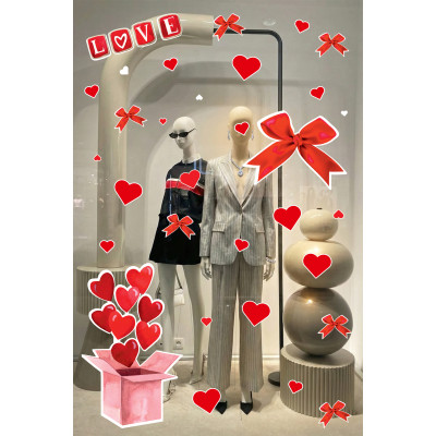 Aşk Temalı Kalp & Kurdele Tasarım Sticker Seti - 14 Şubat Aşk Kutusu Cam Vitrin Mağaza Süsleme