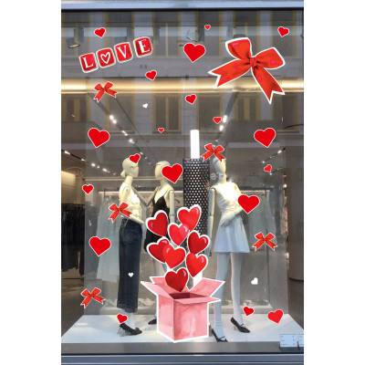 Aşk Temalı Kalp & Kurdele Tasarım Sticker Seti - 14 Şubat Aşk Kutusu Cam Vitrin Mağaza Süsleme