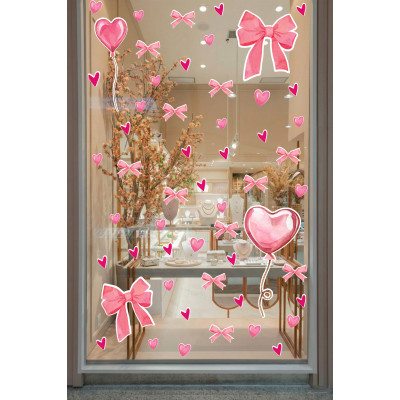 Pembe Kalp Balon Romantik Sticker Seti - Cam Mağaza Vitrin Duvar Süsleme Seti