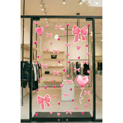 Pembe Kalp Balon Romantik Sticker Seti - Cam Mağaza Vitrin Duvar Süsleme Seti