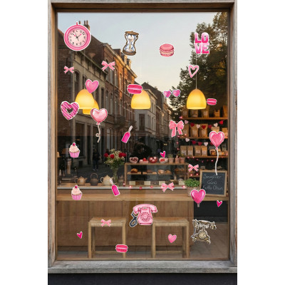 Vintage Aşk Temalı Sticker Seti - Retro Tasarımlı Romantik Cam Vitrin Süslemesi