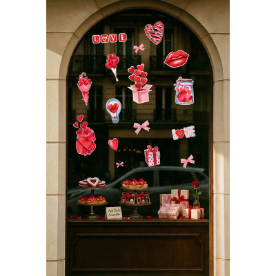 Hediye Kutusu & Kalpler Aşk Temalı Karışık Sticker Seti - Romantik Cam Kapı Duvar Vitrin Dekoru