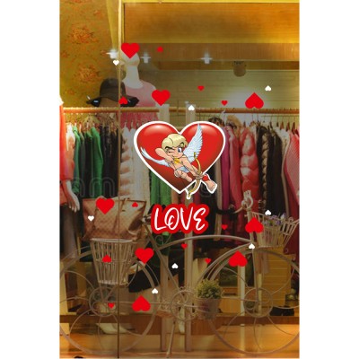 Aşk Tanrısı ve Kalpler 14 Şubat Sevgililer Günü LOVE Cam Vitrin Oda Stickerı 70cm