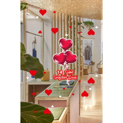 Balonlu Kalpler 14 Şubat Sevgililer Günü Cam Vitrin Oda Stickerı 70cm