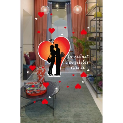 Birbirine Sarılan Sevgililer, Sevgililer Günü Cam Vitrin Oda Sticker 70cm