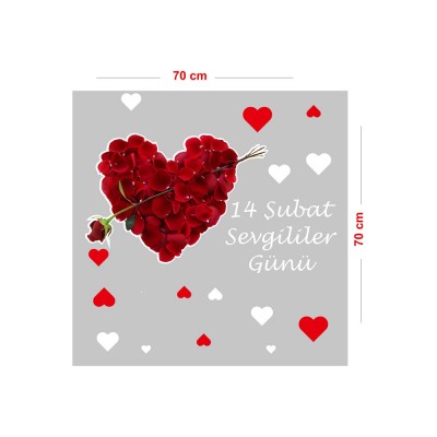 Gül Yaprakları ve Kalp, Sevgililer Günü Cam Vitrin Oda Stickerı 70cm