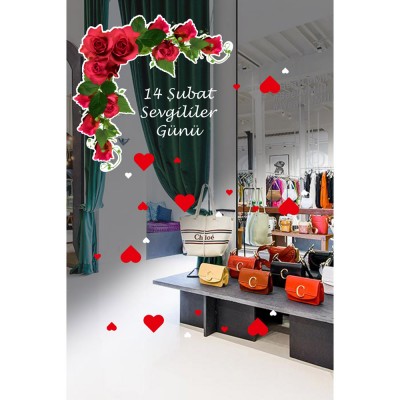 Güller ile Oluşturulmuş Taç Sevgililer Günü Cam Vitrin Oda Stickerı 70cm
