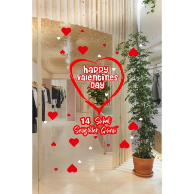 Happy Valentines Day 14 Şubat Sevgililer Günü Cam Vitrin Oda Stickerı 70cm
