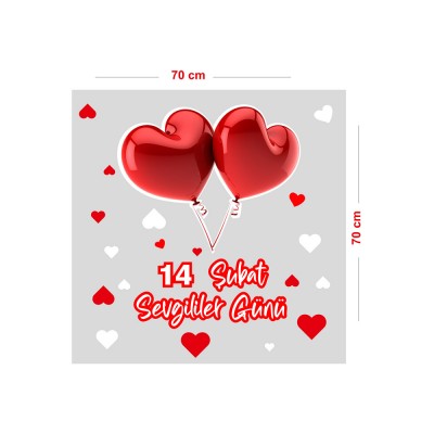 İki Balonlu Kalp 14 Şubat Sevgililer Günü Cam Vitrin Oda Stickerı 70cm