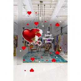Kalp Üstünde Beyaz Kırmızı Gül Sevgililer Günü Cam Vitrin Oda Stickerı 70cm