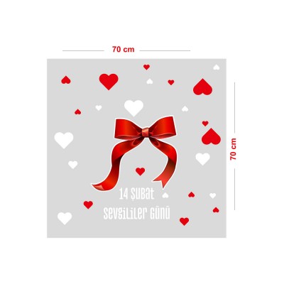 Kırmızı Kurdela ve Kalpler Sevgililer Günü Cam Vitrin Oda Stickerı 70cm