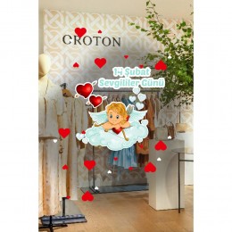 Sevimli Eros ve Kalpler Sevgililer Günü Cam Vitrin Oda Stickerı 70cm