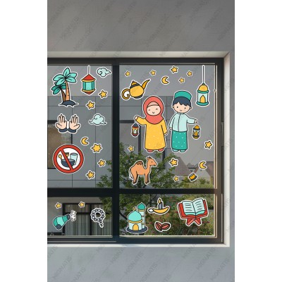 Elinde Fener Tutan Çocuklar Ramazan Sticker Seti - Ramazan Ayı Temalı Cam Duvar Süsleri Çocuk Odası Elinde Fener Tutan Çocuklar Ramazan Sticker Seti - Ramazan Ayı Temalı Cam Duvar Süsleri Çocuk Odası