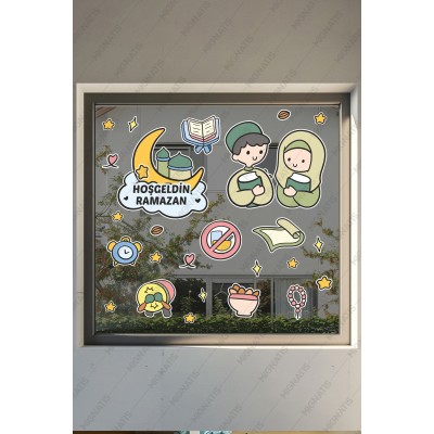 Hoşgeldin Ramazan Sevimli Çocuklar - Ramazan Ayı Temalı Sticker Seti Cam Duvar Süsleri Çocuk Odası