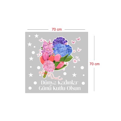 Çiçek Demeti ve Kadınlar Günü Kutlu Olsun Yazısı Vitrin Cam Stickerı