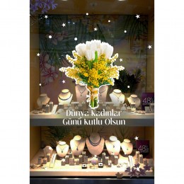 Sarı Çiçek Demeti ve Kadınlar Günü Kutlu Olsun Yazısı Vitrin Cam StickerI