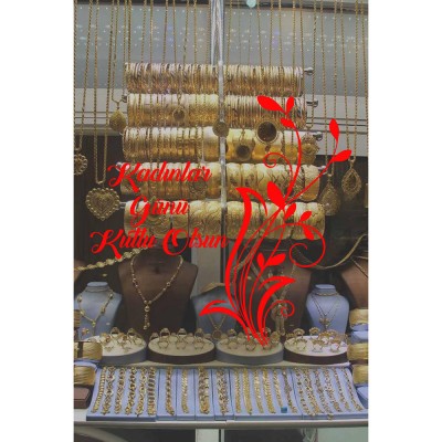 Zarif Çiçek ve 8 Mart Kadınlar Günü Kutlu Olsun Yazısı Cam Vitrin Stickerı 60cm