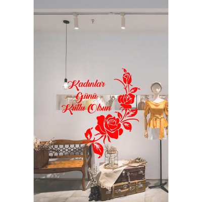 Zarif Güller ve 8 Mart Kadınlar Günü Kutlu Olsun Yazısı Cam Vitrin Stickerı 60cm