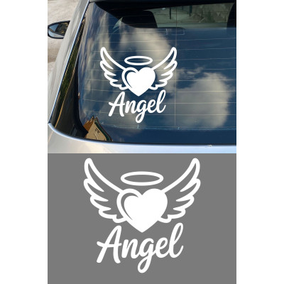 Kanatlı Kalp Sticker - Angel Yazılı Oto Sticker - Araba Motor Kask Sticker 15x15cm