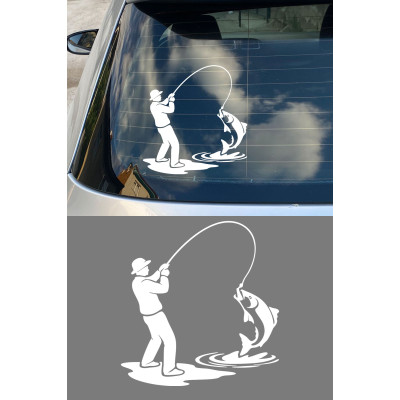 Balıkçı Araba Stickerı – Olta ile Balık Avı Oto Sticker - Araba Motor Oto Sticker 15x14cm