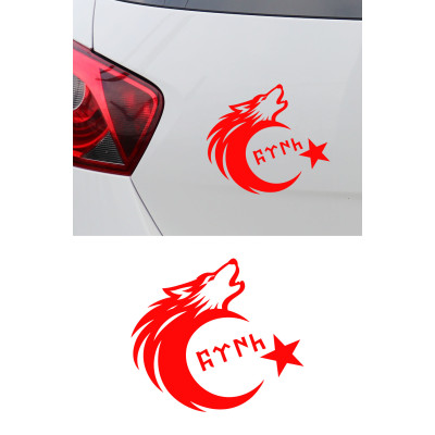 Türk Motifli Bozkurt Ay Yıldız Sticker - Türk Bayrağı Araba Motor Sticker 15x13cm