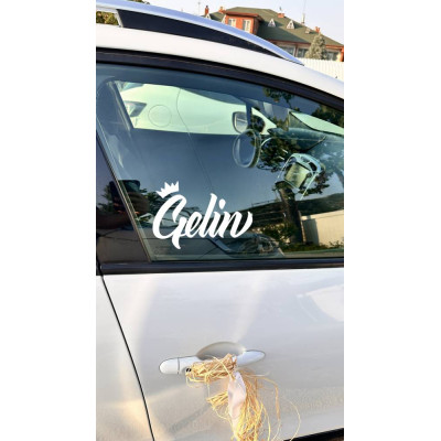 "Gelin & Damat" Yazılı Taçlı Papyonlu Araba Cam Stickerı - Düğün Arabası Cam Sticker Seti - Gelin Damat Yazılı Çıkartma 20cm
