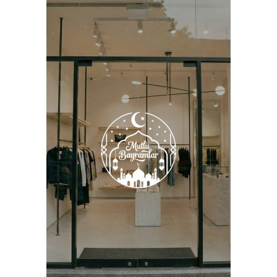 Mutlu Bayramlar Cam Vitrin Sticker – Bayram Temalı Mağaza Vitrin Süsü