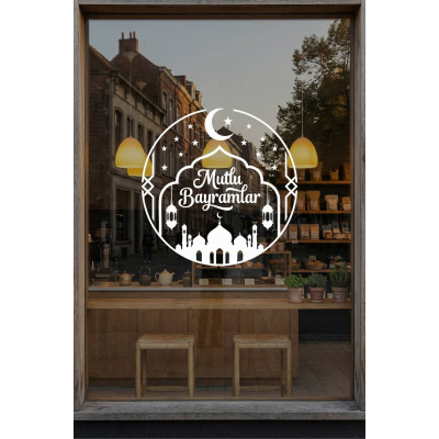 Mutlu Bayramlar Cam Vitrin Sticker – Bayram Temalı Mağaza Vitrin Süsü