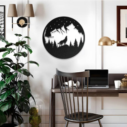 Yıldızlı Gece Kurt ve Dağ Manzaralı Metal Duvar Dekoru