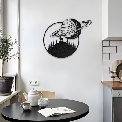 Satürn ve Geyik Temalı Modern Metal Duvar Dekoru