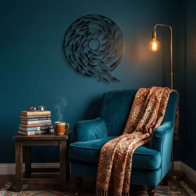 Girdap Balık Sürüsü Yuvarlak Metal Duvar Tablosu Salon Dekoru Balık Metal Tablo