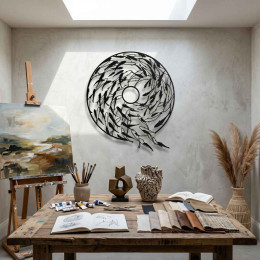 Girdap Balık Sürüsü Yuvarlak Metal Duvar Tablosu Salon Dekoru Balık Metal Tablo