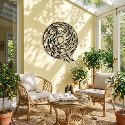 Girdap Balık Sürüsü Yuvarlak Metal Duvar Tablosu Salon Dekoru Balık Metal Tablo