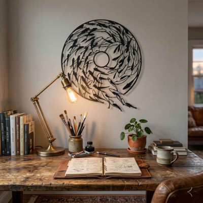 Girdap Balık Sürüsü Yuvarlak Metal Duvar Tablosu Salon Dekoru Balık Metal Tablo