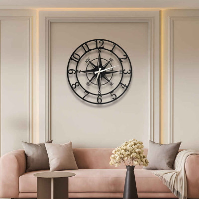 Pusula Desenli Metal Duvar Saati Denizci Tarzı Nautical Salon Dekoru