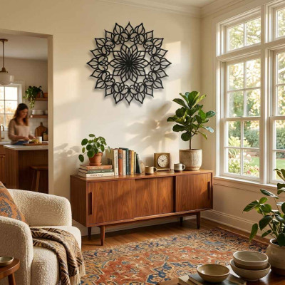Kıvrımlı Mandala Desenli Yuvarlak Metal Duvar Tablosu Klasik Bohem Salon Kütüphane Dekoru