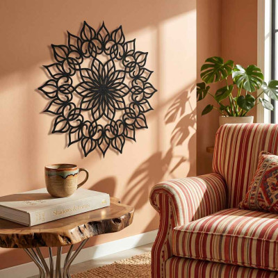 Kıvrımlı Mandala Desenli Yuvarlak Metal Duvar Tablosu Klasik Bohem Salon Kütüphane Dekoru