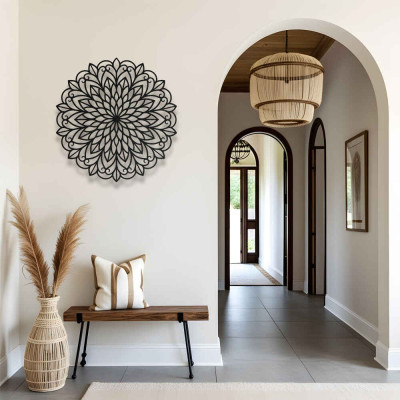 Mandala Çiçek Desenli Yuvarlak Metal Duvar Tablosu Bohem Tarz Dekoratif Salon Süsü