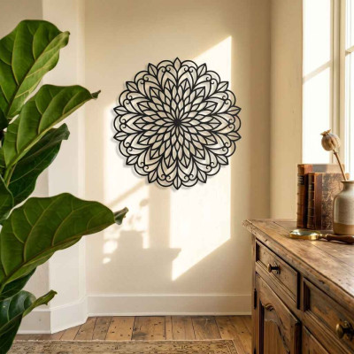Mandala Çiçek Desenli Yuvarlak Metal Duvar Tablosu Bohem Tarz Dekoratif Salon Süsü