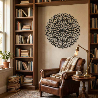 Mandala Çiçek Desenli Yuvarlak Metal Duvar Tablosu Bohem Tarz Dekoratif Salon Süsü