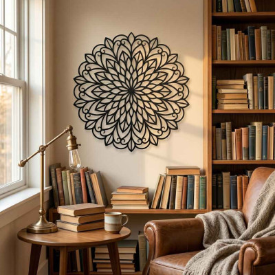 Mandala Çiçek Desenli Yuvarlak Metal Duvar Tablosu Bohem Tarz Dekoratif Salon Süsü