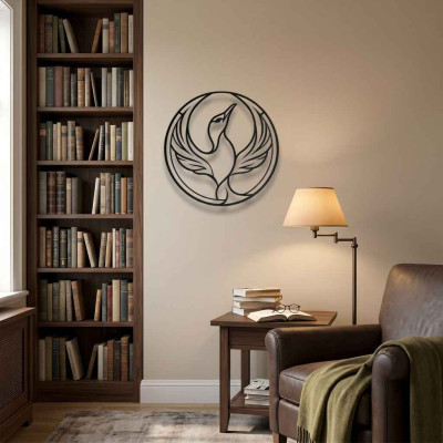Anka Kuşu Desenli Yuvarlak Metal Duvar Tablosu Phoenix Kuş Figürlü Modern Salon Dekoru
