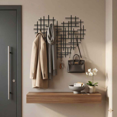 Kalp Şeklinde Izgara Desenli Metal Askılık Gizli Kanca Detaylı Modern Antre Duvar Askısı