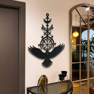 Vegvisir Viking Pusulası ve Kuzgun Metal Duvar Tablosu İskandinav Mitolojisi Norse Sembol Metal Tablo