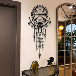 Vegvisir Rün Çemberi ve Valknut Sembolü Metal Duvar Tablosu İskandinav Viking Mistik Metal Tablo