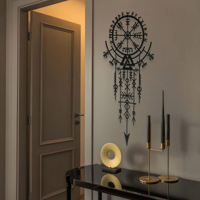 Vegvisir Rün Çemberi ve Valknut Sembolü Metal Duvar Tablosu İskandinav Viking Mistik Metal Tablo