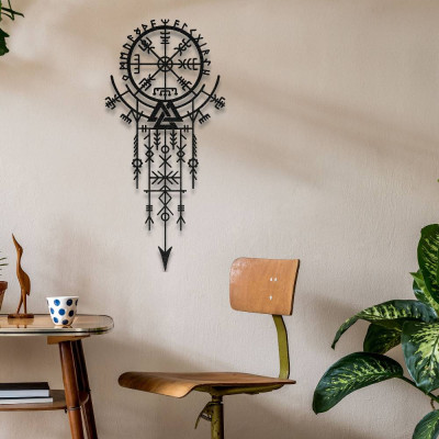 Vegvisir Rün Çemberi ve Valknut Sembolü Metal Duvar Tablosu İskandinav Viking Mistik Metal Tablo