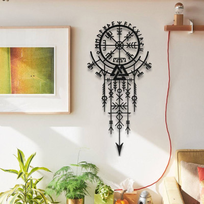 Vegvisir Rün Çemberi ve Valknut Sembolü Metal Duvar Tablosu İskandinav Viking Mistik Metal Tablo